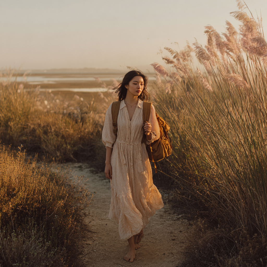 Mulher caminhando em trilha dourada ao entardecer — jornada de retorno a si